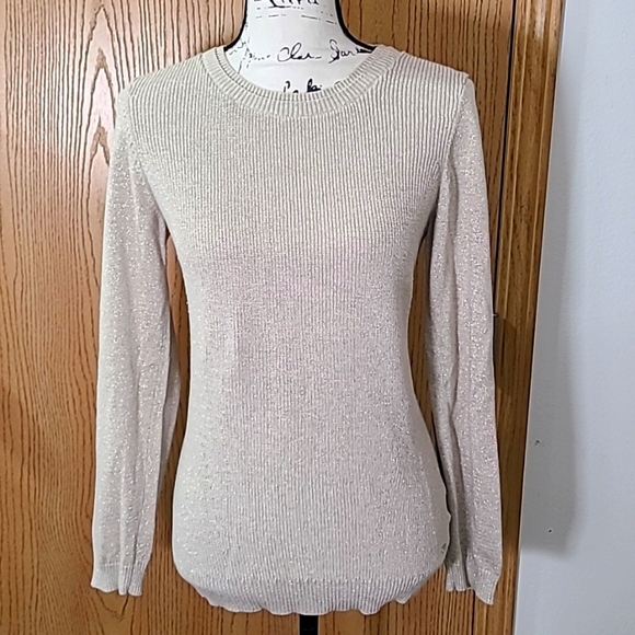 Tommy Hilfiger gold beige metallic thread double collar crewneck sweater - Picture 1 of 3